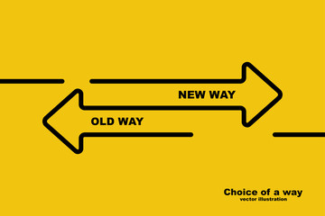 Choice of a way. Old road or new way. Template landing page. Form for web design and text placement. Vector illustration design black line. Direction of arrows forward or backward.