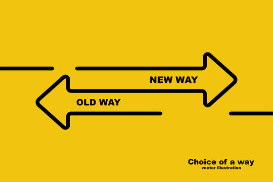 Choice of a way. Old road or new way. Template landing page. Form for web design and text placement. Vector illustration design black line. Direction of arrows forward or backward.