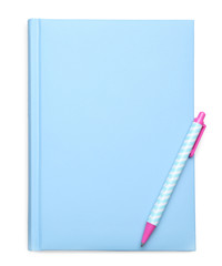 Stylish blue notebook and pen on light grey background, top view. Space for text