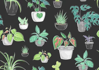Deurstickers Planten in pot Naadloos patroon met planten in potten