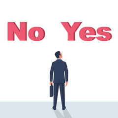 Man is faced with a choice of yes or no. Decision business metaphor. Vector flat style design. Isolated on background. Businessman in a suit with a diplomat before choosing.