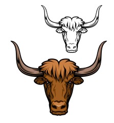 Yak or domesticated wild ox animal mascot of hunting sport, hunter club or sporting team. Bull head isolated icon with brown shaggy hair and large curved horns