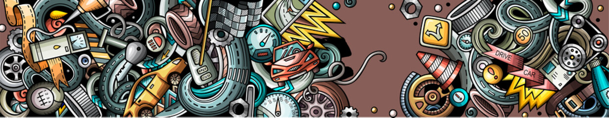 Auto hand drawn doodle banner. Cartoon detailed flyer.