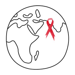 Linear Earth with red awareness ribbon. HIV and AIDS ribbon
