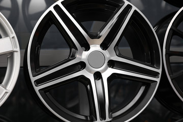 Alloy wheel in auto store, closeup view