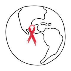 Linear Earth with red awareness ribbon. HIV and AIDS ribbon