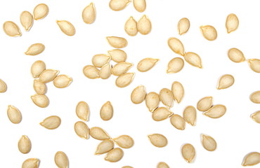 Dry muscat squash seeds isolated on white background, top view