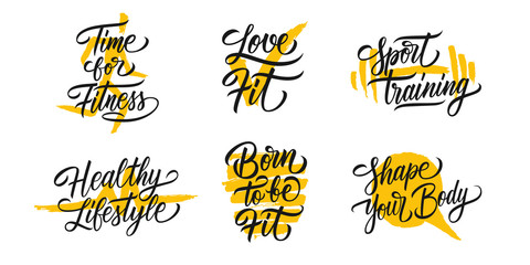 Fitness and Sports motivational quotes set. Hand drawn lettering with brush strokes shapes. Creative typography for prints, posters, t-shirts and sport clothes. Vector illustration.