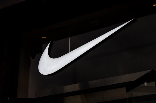 Russia, Moscow, September 28, 2019: Nike logo on the shop window