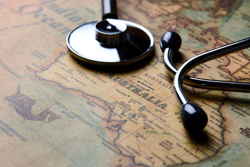 Australian health care with map and stethoscope. Medical stethoscope over Australia  healthcheck