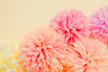 Beautiful abstract color purple and pink flowers on yellow background and white flower frame and pink leaves texture, white background, colorful colorful banner happy valentine