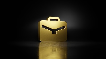 gold metal symbol of briefcase 3D rendering with blurry reflection on floor with dark background