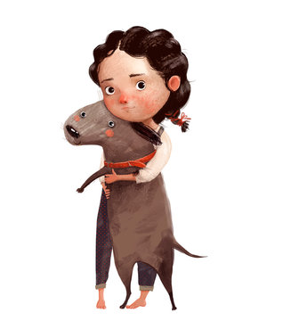 cute little girl with brown lovely dog