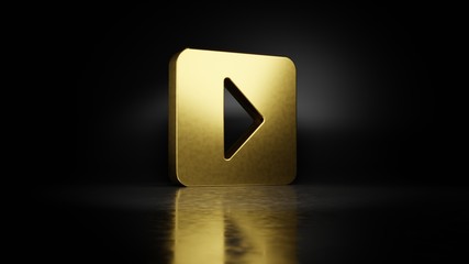 gold metal symbol of caret square right 3D rendering with blurry reflection on floor with dark background