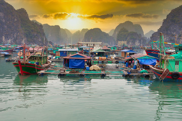 Floating Village in Halong Bay, near Cat Pa Island, Vietnam 