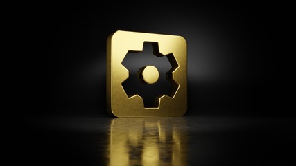 gold metal symbol of cogwheel in square 3D rendering with blurry reflection on floor with dark background