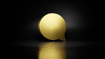 gold metal symbol of rounded chat bubble 3D rendering with blurry reflection on floor with dark background