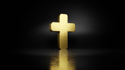 Obraz premium gold metal symbol of cross 3D rendering with blurry reflection on floor with dark background