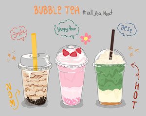 Collection design of bubble tea cup, Pearl milk tea. Vector
