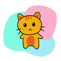 Vector illustration about cute cartoon orange cat is boring on green, pink and blue crooked circle background.