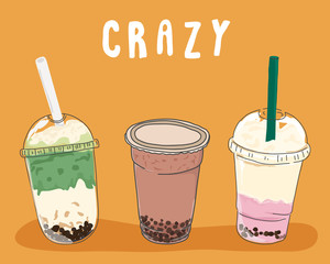 Collection design of bubble tea cup, Pearl milk tea. Vector