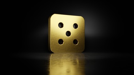 gold metal symbol of dice five 3D rendering with blurry reflection on floor with dark background