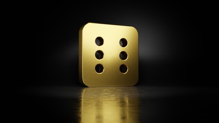 gold metal symbol of dice six 3D rendering with blurry reflection on floor with dark background