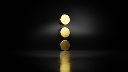 gold metal symbol of ellipsis vertical 3D rendering with blurry reflection on floor with dark background