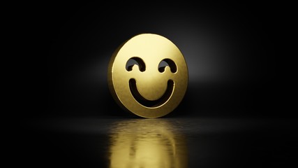 gold metal symbol of emoticons happy  3D rendering with blurry reflection on floor with dark background