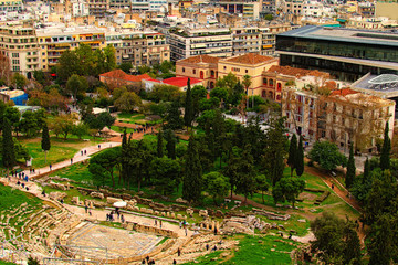 Ancient Theater of Dionysus seen from the hill of Athens Acropolis. Ancient ruins. The Theatre of Dionysus Eleuthereus is a major theatre in Athens, considered to be the world's first theatre. Greece