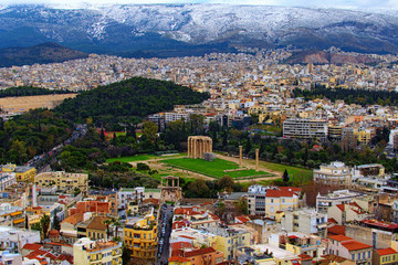 Picturesque view of the Temple of Olympian Zeus and landscape of the Athens. Mountains in the background. Famous touristic place and travel destination in Europe. Athens, Greece
