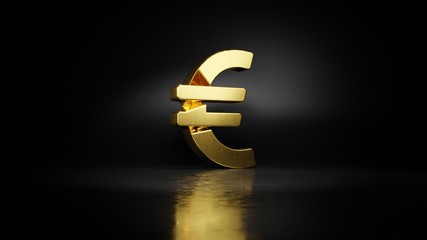 gold metal symbol of euro sign 3D rendering with blurry reflection on floor with dark background - obrazy, fototapety, plakaty