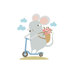 Cute mouse riding electric kick scooter. Cartoon funny rat enjoying summer. Humanized symbol of 2020 Chinese animal zodiac. Vector simple isolated illustration.
