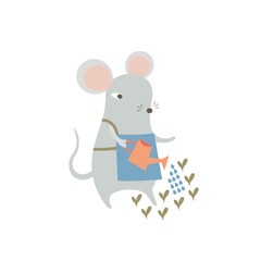 Cute mouse watering plants sprouts in a garden. Cartoon funny rat enjoys gardening. Humanized symbol of 2020 Chinese animal zodiac. Vector isolated illustration