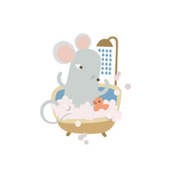 Cute cartoon mouse taking bath. Funny rat daily hygiene routine. Humanized symbol of 2020 Chinese animal zodiac. Vector isolated illustration