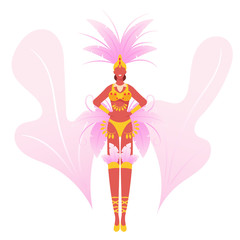 Girl Wearing Festival Costume with Feathers Dancing at Carnival in Rio De Janeiro. Brazilian Samba Dancer Woman Isolated on White Background. Latin America Culture Cartoon Flat Vector Illustration