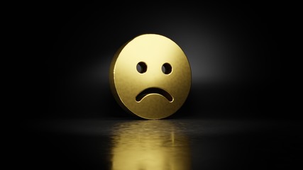 gold metal symbol of frown 3D rendering with blurry reflection on floor with dark background