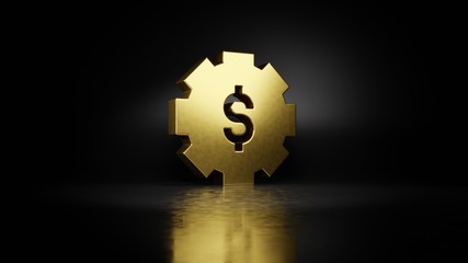 gold metal symbol of gear 3D rendering with blurry reflection on floor with dark background