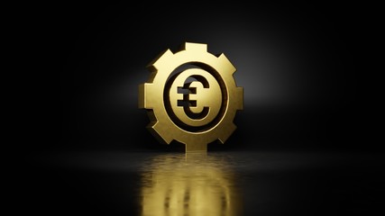 gold metal symbol of gear  3D rendering with blurry reflection on floor with dark background