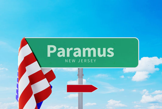 Paramus &ndash; New Jersey. Road or Town Sign. Flag of the united states. Blue Sky. Red arrow shows the direction in the city. 3d rendering