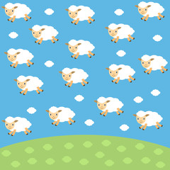 Cute flying white sheep in shape clouds on sky background. Set funny sheep for baby and kids. Cartoon lambs. Background with animals. Design for fabric and decor in flat style. Vector illustration.