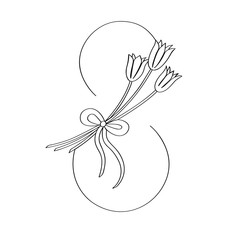 Snowdrops inscribed in a figure eight drawn by a continuous line,isolated on a white background. Sketch for postcard from March 8. Vector stock illustration