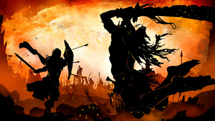 Obraz premium Silhouette of an Orc with a long curved sword with notches in a ragged cloak with long hair, jumping to attack in an epic pose, on a knight with a shield and a sword . Against an orange sunset.