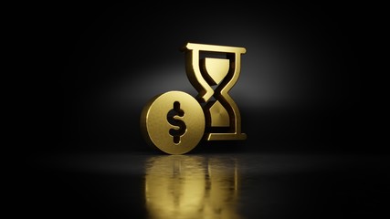 gold metal symbol of hourglass 3D rendering with blurry reflection on floor with dark background