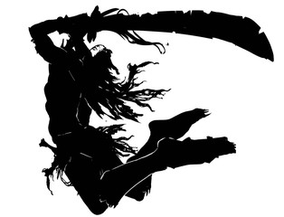 The silhouette of an Orc with a long curved sword with notches in a ragged cloak with long hair, jumping to attack in an epic pose . 2D illustration. - obrazy, fototapety, plakaty