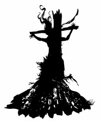 The silhouette of a witch with long hair and ragged clothes, burned at the stake, crucified on the cross. 2D illustration