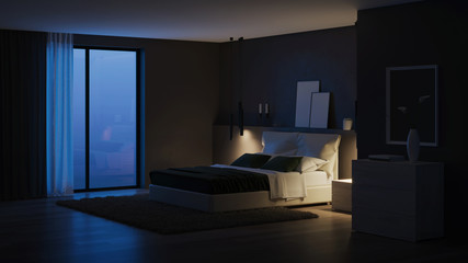 Naklejka na ściany i meble Modern house interior. Bedroom with dark walls and bright furniture. Night. Evening lighting. 3D rendering.