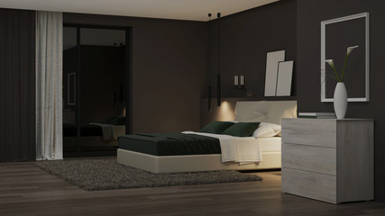 Fototapeta na wymiar Modern house interior. Bedroom with dark walls and bright furniture. Night. Evening lighting. 3D rendering.