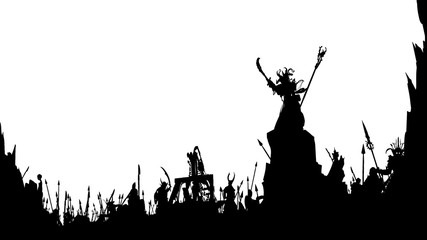 Silhouettes of an army of darkness with spearmen, swordsmen, and catapults, led by a shaman's demon, giving the order to attack. 2D illustration. - obrazy, fototapety, plakaty