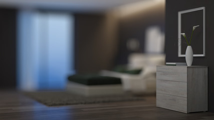Modern house interior. Bedroom with dark walls and bright furniture. Night. Evening lighting. 3D rendering.